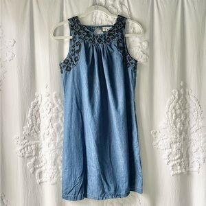 Denim Sleeveless Maternity Dress with Embroidered Details